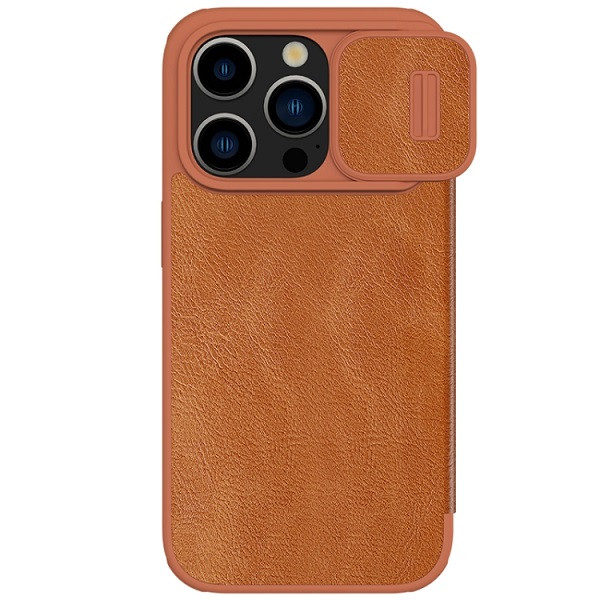 NILLKIN QIN Series Pro Sliding Camera Cover Design Leather Phone Case for iPhone 15 Pro Max (Brown)