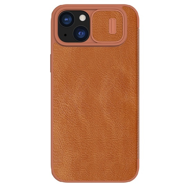 NILLKIN QIN Series Pro Sliding Camera Cover Design Leather Phone Case for iPhone 15 Plus (Brown)