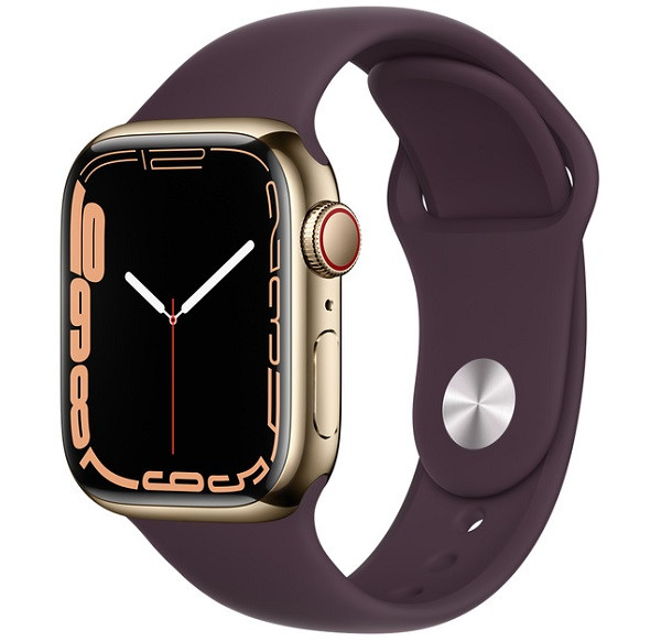 Apple Watch Series 7 GPS + Cellular 41mm Gold Stainless Steel Case with Dark Cherry Sport Band