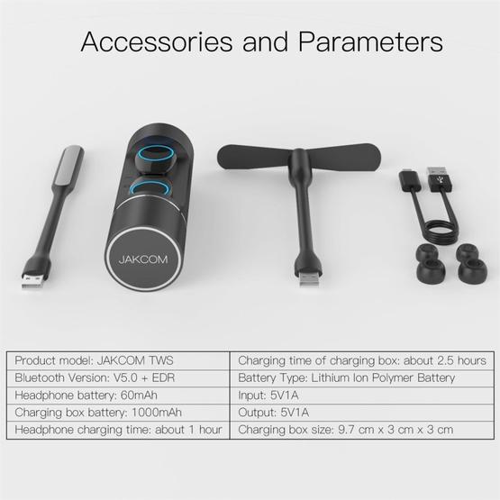 JAKCOM TWS Bluetooth 5.0 Multi-function Waterproof Wireless Bluetooth Headset Black