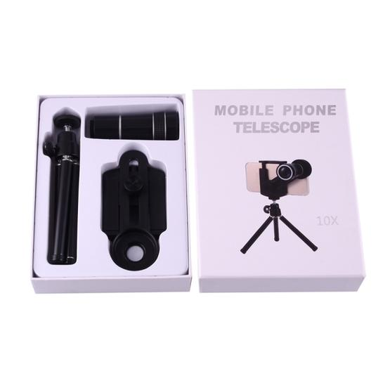 10X Magnification Lens Mobile Phone 3 in 1 Telescope + Tripod Mount + Mobile Phone Clip (Black)