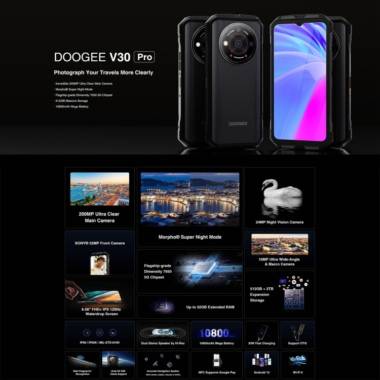 (Unlocked) DOOGEE V30 Pro 5G Rugged Phone Dual Sim 512GB Black  (12GB RAM)- Full phone specifications