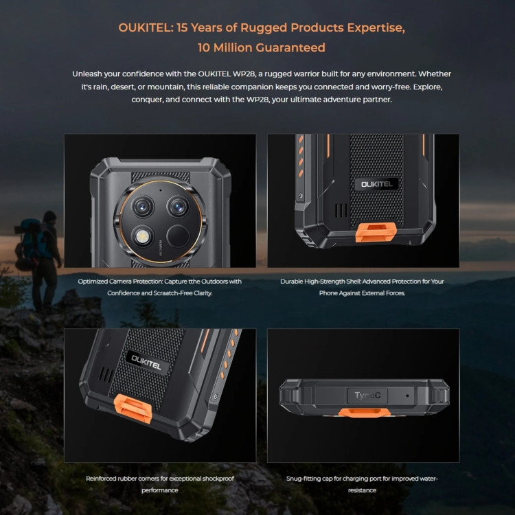 Oukitel WP28 Rugged Smartphones 6.52Inch Octa Core 8GB+256GB Android 13  Mobile Phone 10600mAh Battery 48MP Camera Cellphone NFC Orange 